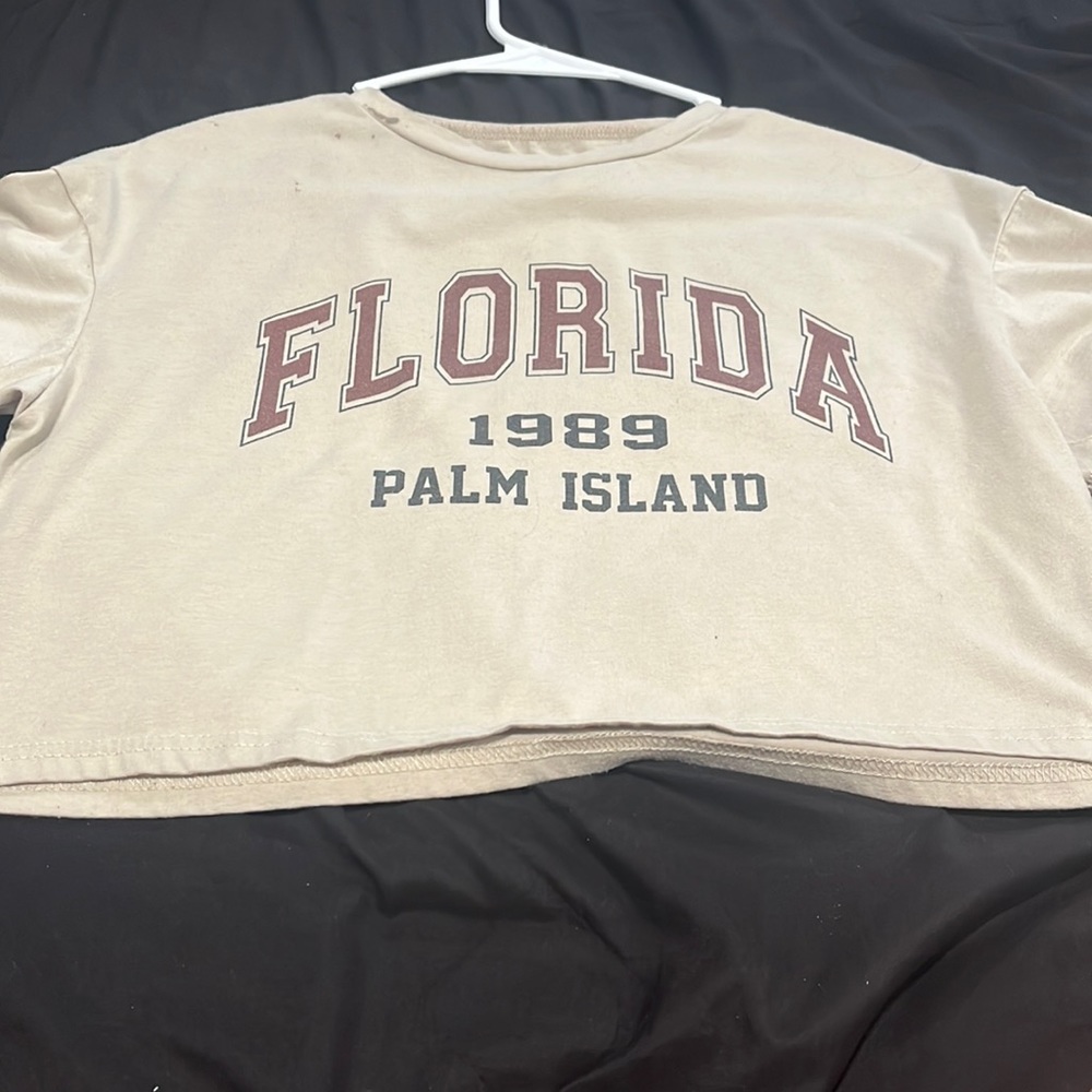 worn but in good shape, says “Florida 1989 palm island”, baggy crop top t-shirt
